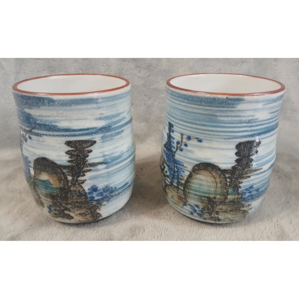 Japanese Yunomi Tea Cups Set of 2 Hand Painted Landscape Mountain Blue White